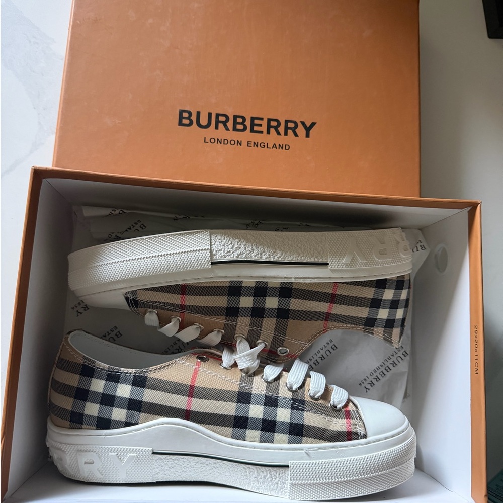 Burberry Beige and White Plaid Sneakers